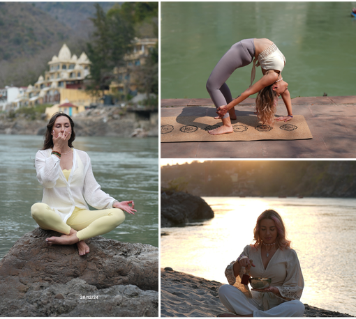 Women learning yoga with confidence in Rishikesh